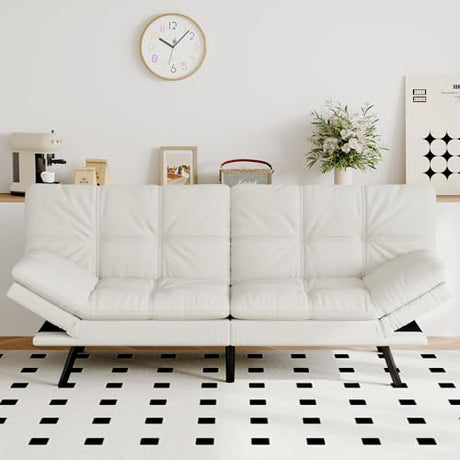 AMICLIBER Futon Sofa Bed Convertible Couch, White Faux Leather Sofa Bed with Memory Foam, Adjustable Backrest & Armrests, Multifunctional Small Loveseat Sleeper Sofa for Living Room, Apartment, Office AMICLIBER