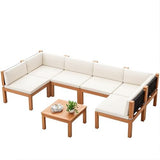 Devoko Outdoor Sectional Couch 7 Pieces Patio Sectional Sofa with Acacia Wood Coffee Table, Outdoor L-Shaped Couch with All-Weather Cushion for Patio,Deck,Backyard(White) Devoko