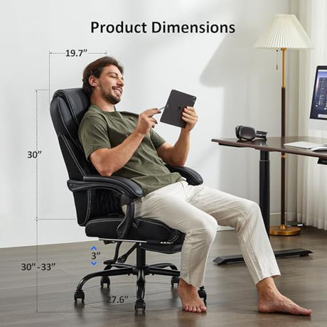 amseatec Office Chair, Big and Tall Office Chair with Foot Rest Ergonomic Chair for Home Desk, Reclining High Back Leather Chairs with Lumbar Support(Black) amseatec