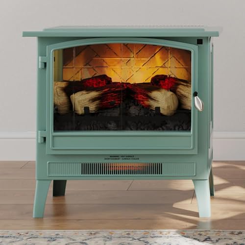 Country Living Infrared Freestanding Electric Fireplace Stove Heater in Mineral Blue | Multiple Flame Colors, Metal Design with Faux Wooden Logs | Alexa/WiFi Enabled, Remote Control Country Living