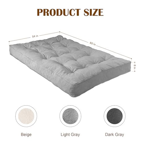 Futon Mattress Full Size 54" x 80", 8" Thick Floor Mattress for Adults, Foldable Sofa Couch Bed with Shredded Foam Filling, Comfy Sleeping Mat for Guest, Camping, Dorm, Light Gray(Frame Not Included) Bliss Homey