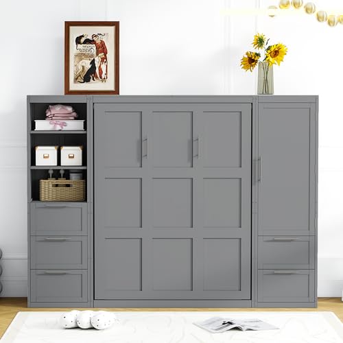 Merax Murphy Bed Queen with Wardrobe, Queen Size Wall Murphy Bed with 5 Drawers and Storage Shelves, No Box Spring Needed, Gray Merax