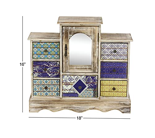 Deco 79 Wooden Decorative Jewelry Box 7 Drawers Jewelry Organizer with Patchwork Patterns, Jewelry Holder 18" x 6" x 16", Light Brown Deco 79