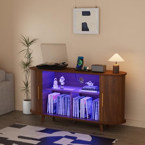 YKVIQBY Large Round Record Player Stand with Charging Station & USB Ports，Record Storage Cabinet for Bedroom (Walnut, 55in) YKVIQBY