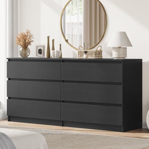 59'' Modern 6 Drawer Dresser, Black Dresser for Bedroom, Wide Chest of Drawers with Minimalist Design, Smooth Metal Slides & Sturdy Base, Wood Long Dresser, Double Drawer Dresser for Closet