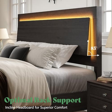 AMERLIFE Rustic Black King Bed Frame with LED Headboard - Stylish Platform Bed with Wooden Slats Support, No Box Spring Needed AMERLIFE