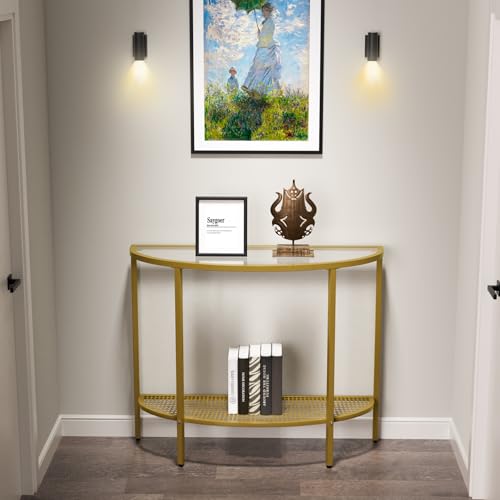 SAYGOER Glass Half Moon Console Table 2 Tier Narrow Entryway Table with Gold Metal Frames, Modern Couch Table Small Entry Way Tables, Easy Assembly, Clear Glass Gold Frames SAYGOER