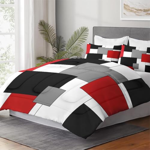 WeCozy Full Size Comforter Set with 2 Pillowcases, Black White Red Geometric Soft 3 Pcs Bedding for Kids and Adults Bedroom Bed Decor WeCozy