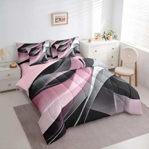 Pink Gray Black Spiral Full 7 Piece Bedding Set For Kids Teen Adults,Black Grey Abstract Stripes Geometric Bed In A Bag Modern Minimalists Swirls Comforter Set With Sheets Contemporary Art Bed Set Erosebridal