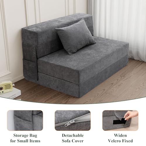 HOMFINE Folding Sofa Bed - Convertible Sleeper Chair with Pillow, Fold Out Couch, Memory Foam Floor Mattress, Futon Couch, Lazy Sofa for Living Room/Dorm/Guest Room/Home Office, Twin, Gray HOMFINE