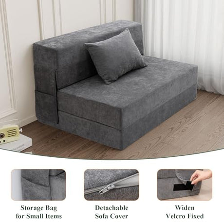 HOMFINE Folding Sofa Bed - Convertible Sleeper Chair with Pillow, Fold Out Couch, Memory Foam Floor Mattress, Futon Couch, Lazy Sofa for Living Room/Dorm/Guest Room/Home Office, Twin, Gray HOMFINE