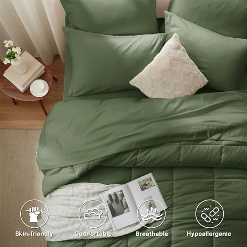 Zzlpp Queen Comforter Set 7 Pieces, Olive Green Bed in a Bag Bedding Set with 1 Comforter, 2 Pillow Shams, 2 Pillowcases, 1 Flat Sheet,1 Fitted Sheet with Pockets Zzlpp