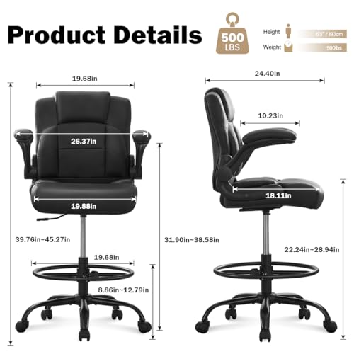 Ergonomic Drafting Chair,Tall Office Chair for Standing Desk with Flip-Up Armrests,Adjustable Foot Ring & Height, High Leather Executive Office Chair for Home,Drawing or Counter Height Use KWKSV