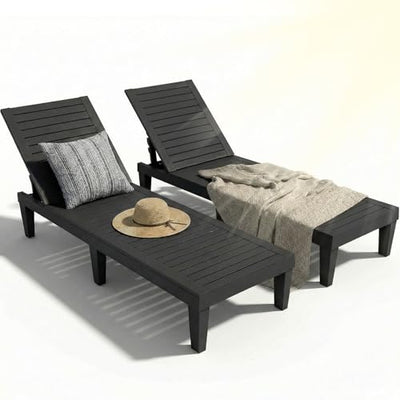 Lounge Chair Outdoor,Set of 2 All-Weather UV-Resistant & Waterproof Patio Lounge Chairs,High-Impact PP 5 Position Adjustable Tanning Chair,Heavy Duty Pool Lounge Chairs Great for Pool & Yard,Black
