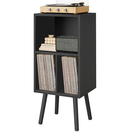 Record Player Stand with Vinyl Storage, 3 Tier Wooden Vinyl Record Stand, Record Player Cabinet, Record Player Stand with Storage, Record Player Shelf for Bedroom, Office, Black Montex
