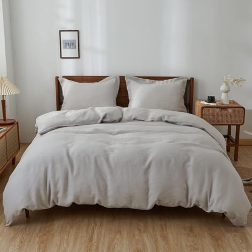 Simple&Opulence 100% Linen Duvet Cover Set, 3 PCS Natural French Flax Light Grey Duvet Cover King Size, Breathable Soft Comfy Linen Bedding Comforter Cover with 2 Pillowcases(Light Grey, 104" x 92")