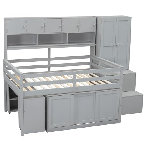 Merax Full Size Wood Loft Bed with Under-Bed Desk and A Big Storage, Storage Staircase,Drawers, Shelves, Integrated Wardrobe,Mobile Workstation,Gray Merax