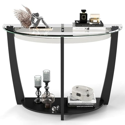 Giantex 2-Tier Glass Console Table, Half Moon Modern Entryway Table with Tempered Glass Top & Open Storage Shelf, Narrow Long Sofa Table for Living Room, Hallway, Foyer, Entrance (Black)