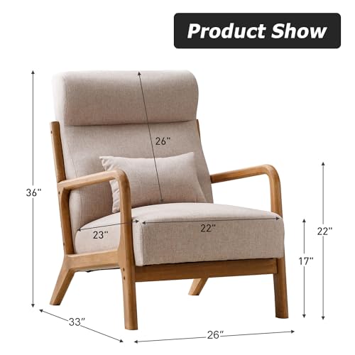 INZOY Mid Century Modern Accent Chair with High Back, Upholstered Living Room Chairs with Waist Cushion, Wood Frame Reading Armchair for Bedroom Sunroom, Beige INZOY