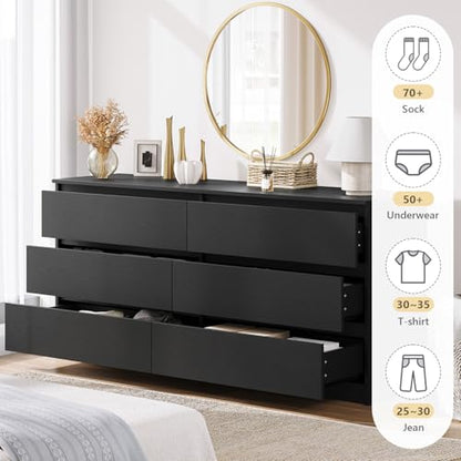 59'' Modern 6 Drawer Dresser, Black Dresser for Bedroom, Wide Chest of Drawers with Minimalist Design, Smooth Metal Slides & Sturdy Base, Wood Long Dresser, Double Drawer Dresser for Closet