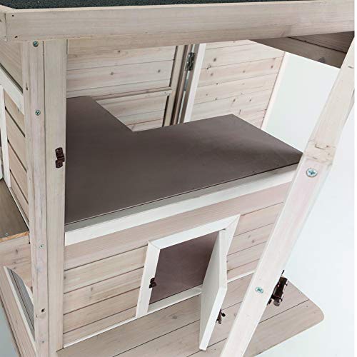 TRIXIE Outdoor Cat House, Weatherproof 3-Story Cat House with Multiple Levels, Doors & Windows with Latches, Outdoor Shelter for Cats, Brown/White Fir Wood TRIXIE