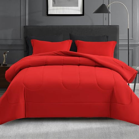 Maple&Stone Twin Comforter Set 5 Pieces Bed in a Bag - Down Alternative Bed Set with Sheets, Pillowcase & Sham, Soft Reversible Duvet Insert for Twin Bed, Black and Red Maple&Stone