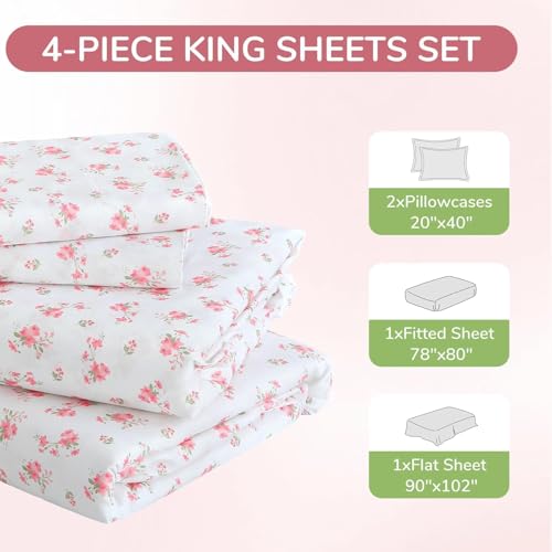 MUXHOMO King Size 4 Piece Sheet Set, Soft Breathable Bed Sheet Set for Bedroom with Deep Pocket Up to 16", Wrinkle-Free & Cooling Bedding for Oeko-TEX Certified - Blossoms Pink MUXHOMO