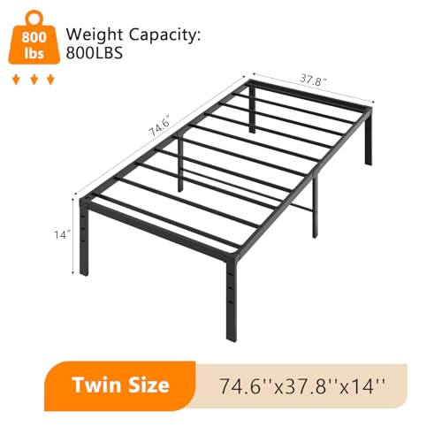 VINGLI 14 Inch Twin Bed Frame, Heavy Duty Metal Platform, No Box Spring Needed, Sturdy Steel Slat Support, Easy Assembly, Noise-Free, 12.4 Inch Underbed Storage,Black VINGLI