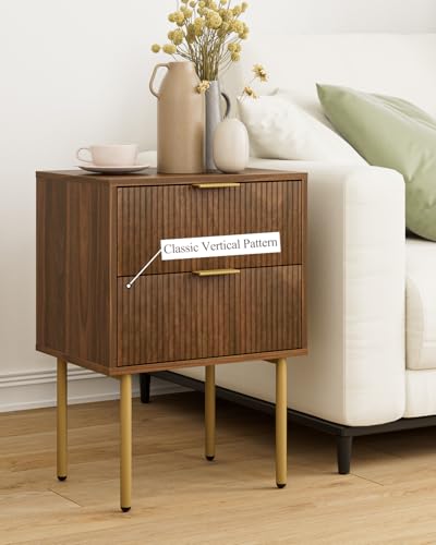 Masupu Night Stand,Mid-Century Modern Bedside Table with 2 Storage Drawer,Small Gold Frame Side End Table for Bedroom,Living Room, Walnut Masupu