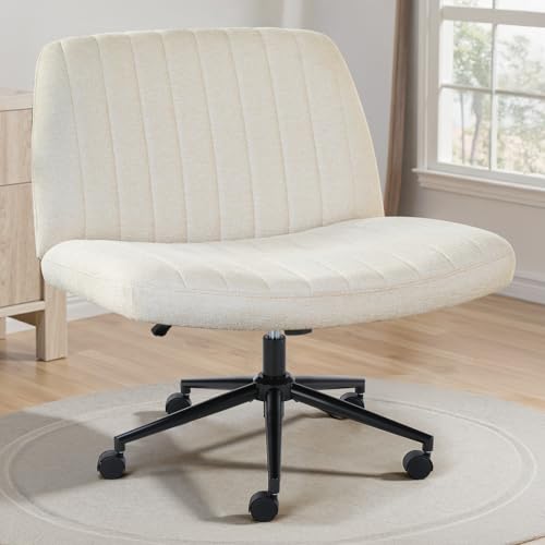 OLIXIS Criss Cross Chair with Wheels Wide Cross Legged Office Desk Vanity Chair Comfy Fabric Armless Adjustable Swivel for Home Computer Task Fabric Beige OLIXIS