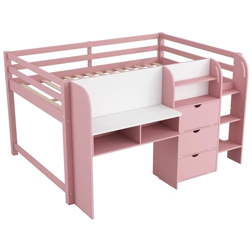 SOFTSEA Full Size Low Loft Bed with Desk & Storage, Solid Wood Pink Loft Bed with Drop-Down Cabinets, Open Shelves & Whiteboard for Kids Juniors Boys Girls, Pink SOFTSEA
