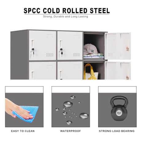 FURSTEL Student Locker Organizer, Multi-Door Steel Locker, Small Locking Cabinet Storage Organizer, Office File Cabinet, Home Locker, Gym Locker, Metal Storage Locker (9 Door, Grey & White) FURSTEL