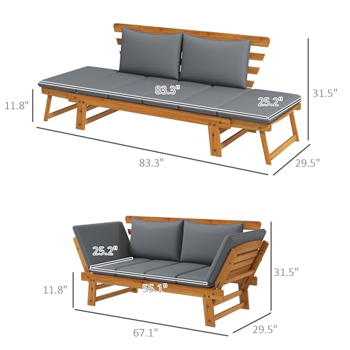 Outsunny Grey Wooden Garden Bench with Cushions and Adjustable Armrests for Outdoor Spaces Outsunny