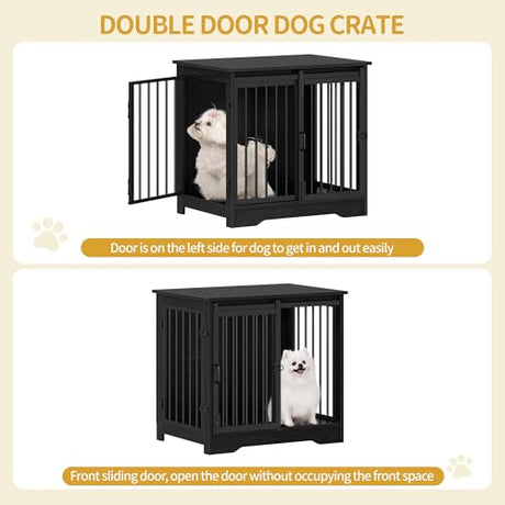 Hzuaneri 27.2" Dog Crate Furniture with Barn Door, Heavy Duty Dog Kennel Indoor with 2 Doors, Wooden Pet Cage End Table for Small Medium Dogs up to 22 lb, Anti-Chew Anti-Escape, Black DFC84304B Hzuaneri
