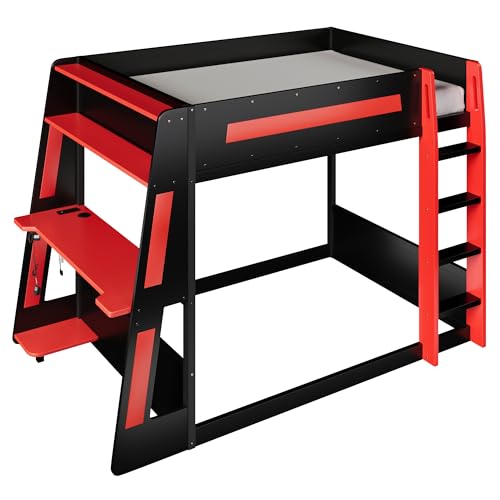FUvellamo Full Over Full Gaming Bunk Bed with Desk and LED Light,Full Size Wooden Loft Bed Frame with Two Storage Shelves and USB,Esports Design for PC & Console Gamers, Black Red FUvellamo