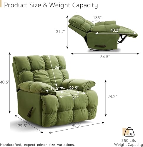 SITJOY Oversized Power Swivel Rocker Recliner Chair, Overstuffed Extra Wide Rocking Chair for Big and Tall, Glider Recliner Nursery Chair, Soft Breathable Fabric in Green, Manual