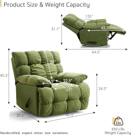 SITJOY Oversized Power Swivel Rocker Recliner Chair, Overstuffed Extra Wide Rocking Chair for Big and Tall, Glider Recliner Nursery Chair, Soft Breathable Fabric in Green, Manual SITJOY