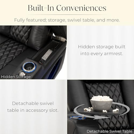 Seatcraft Virtuoso LT Home Theater Seating, Black Zero Gravity Italian Leather Power Recliner Sofa, Gaming and Home Office Chair with Powered Headrest & Lumbar, Heat & Massage, Single Recliner Seatcraft