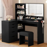 YESHOMY Vanity Desk with Lights and Mirror, L Shaped Makeup Table, Dresser with Hairdryer Holder and Power Outlet, Adjustable 3 Lighting Modes, 5 Drawers and Adjustabled Open Storage Shelves, Black YESHOMY