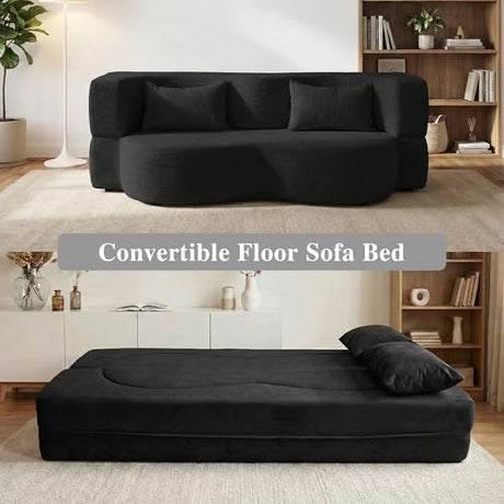 LIANGFU 78 Inch 2-in-1 Convertible Sofa,Futon Folding Sofa Bed,Pull Out Sofa Bed Boneless Couch with 2 Pilow,oveseat Sleeper Floor Sofa for Bedroom Living Room Office, Apartment(Teddy, Black) LIANGFU