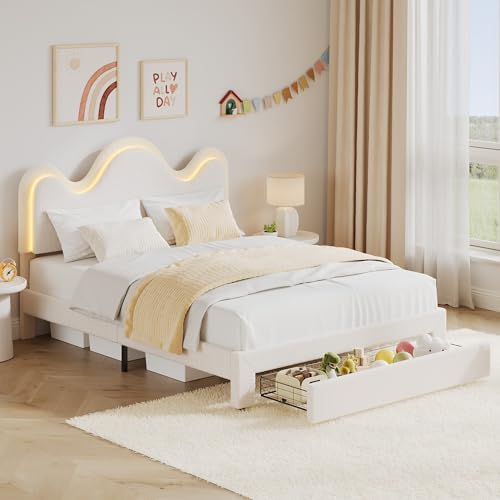 IDEALHOUSE Full Bed Frame with LED Headboard and Under-Bed Drawer, Metal Upholstered Platform Bed with LED Light for Kids, Girls, Lamb Fleece Fabric, Wooden Slats Support, No Box Spring Needed, White IDEALHOUSE