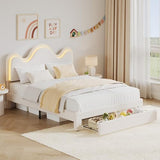 IDEALHOUSE Full Bed Frame with LED Headboard and Under-Bed Drawer, Metal Upholstered Platform Bed with LED Light for Kids, Girls, Lamb Fleece Fabric, Wooden Slats Support, No Box Spring Needed, White IDEALHOUSE