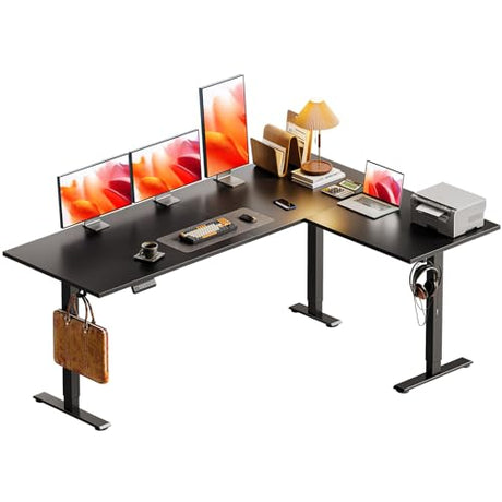 Casaottima 63 Inch Reversible L Shaped Electric Standing Desk, Ergonomic Height Adjustable Desk, Large Lift Corner Stand up Table for Workstation, Home Office, Reception Room, Black Casaottima