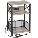 AMHANCIBLE Record Player Stand with Charging Station, Turntable Stand with Storage Cabinet, 3 Tier End Table Hold Up to 100 Albums, Record Stand for Vinyl, Living Room, Greige, HETCD01GY-1 AMHANCIBLE