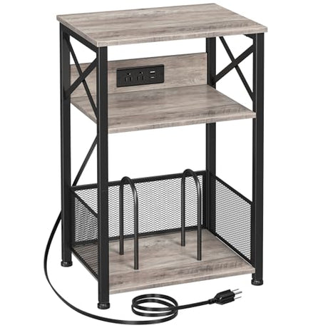 AMHANCIBLE Record Player Stand with Charging Station, Turntable Stand with Storage Cabinet, 3 Tier End Table Hold Up to 100 Albums, Record Stand for Vinyl, Living Room, Greige, HETCD01GY-1 AMHANCIBLE