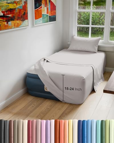 Air Mattress Sheet Set for Twin Size - 3 Piece Breathable & Cooling Sheets w/Extra Deep Pockets - Fits Inflatable & Blow Up Air Mattresses Up to 24 Inches Thick - Soft and Wrinkle Free - Light Grey