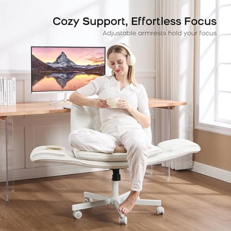 amseatec Criss Cross Chair with Armrests & Wheels, PU Leather Vanity Chair, Comfortable Adjustable Swivel Computer Office Desk Chairs for Home, Make Up, Bed Room (White) amseatec