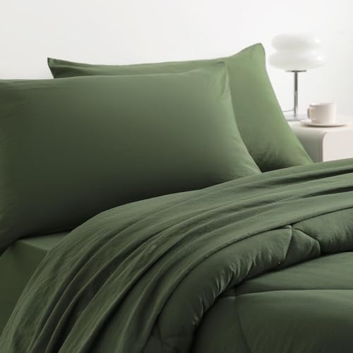 NTBAY Twin Comforter Set with Sheets, 5 Pieces Soft and Breathable Twin Bedding Set, Twin Bed in a Bag, Down Alternative Comforter Set Solid Color All Season, Kids Bedding Set, Olive Green NTBAY