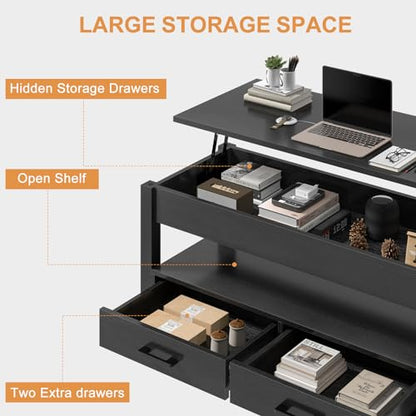 FABATO 41.7'' Lift Top Coffee Table with 2 Storage Drawer Hidden Compartment Open Storage Shelf for Living Room Folding Wood End Table (Black) - WoodArtSupply