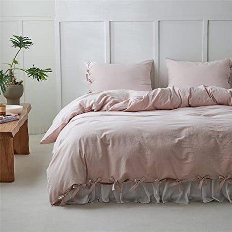 BISELINA 100% Washed Cotton Duvet Cover Set 2pcs with Bowknot Ties Strap Solid Color Linen Like Textured Durable Breathable Soft Comfy Chic Bedding (Twin, Pale Pink) BISELINA